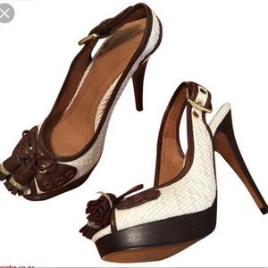 Zara brown and white peep toe with bow.